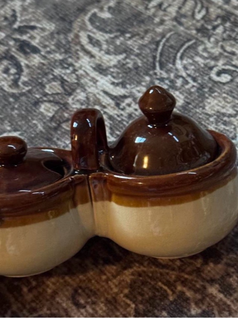 Vintage Brown & Tan Stoneware Double Condiment Jar Set w/ Lids & Handle